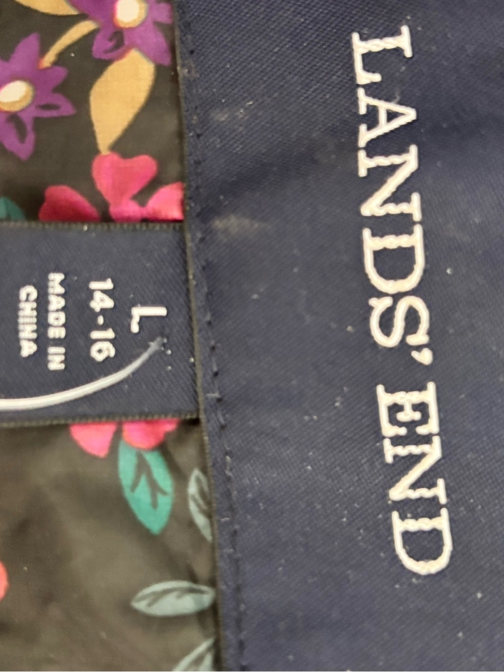 Lands' End Floral Quilted Packable Puffer Jacket Black Multi Zip L 14-16 - Picture 5 of 6